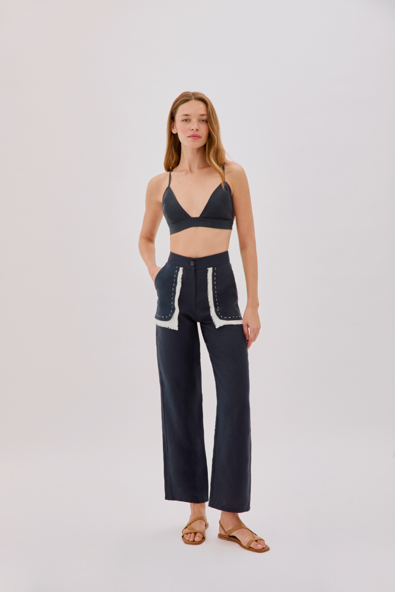 Labeca Harley navy linen fringe pocket pants with relaxed fit and stylish design, featuring side pockets and fringe detail.