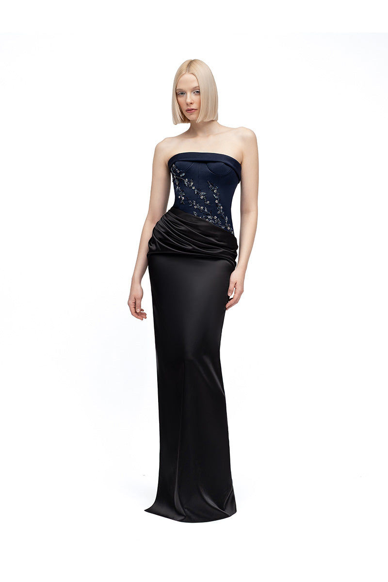 Navy and black ZEYNEP maxi dress by MOON / HAKAAN YILDIRIM, flowing fabric and elegant design perfect for formal or casual wear.