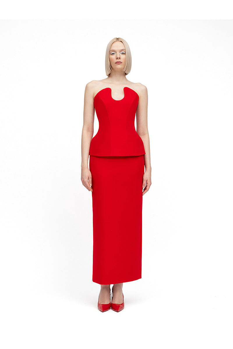Red Shera corset and skirt midi dress by MOON / HAKAN YILDIRIM, featuring a fitted corset top and matching flowing skirt.
