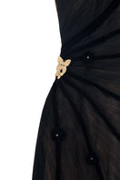 Black CULT MIA X HAPPY CLOTHING MAKENNA A-line organza gown, stylish evening dress with flowy fabric and elegant silhouette.