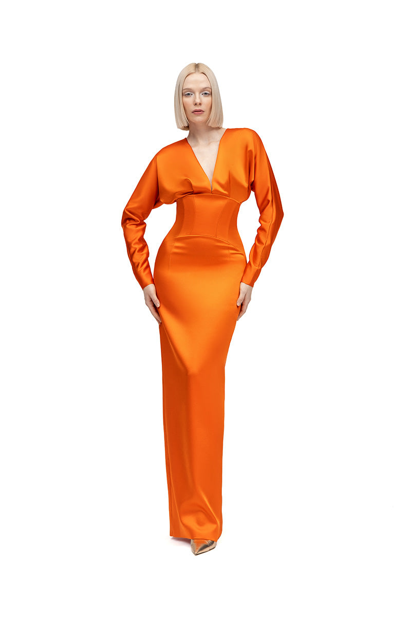 Orange Esther Maxi Dress by MOON / HAKAN YILDIRIM, flowing fabric, sleeveless design, and elegant silhouette in the image.