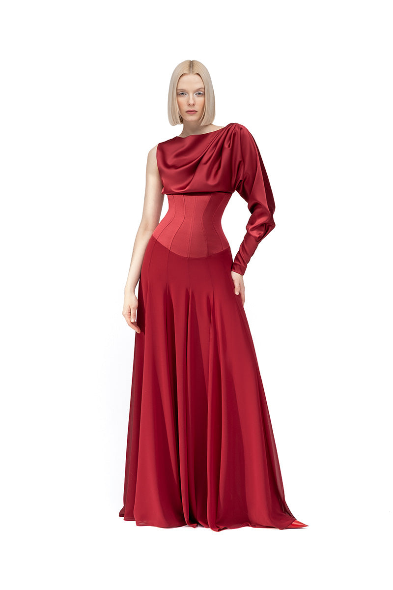 Moon Hakaan Yildirim Melisa Burgundy Maxi Dress with flowing fabric and elegant design, shown in a full-length view.
