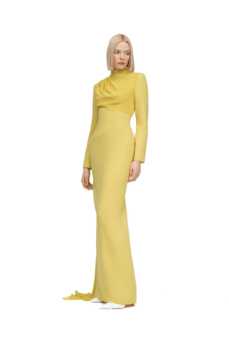 Moon Hakaan Yildirim Maria dress in lemon, a stylish maxi dress with a flowing silhouette and vibrant yellow color.