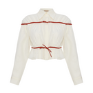 Labeca Colette linen tie shirt in ecru and red with a classic collar and button-down front, displayed on a hanger.