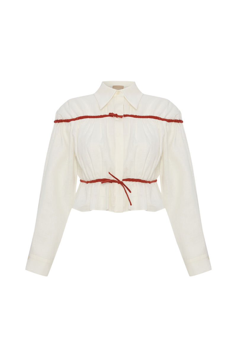 COLETTE ECRU AND RED LINEN TIE SHIRT - CULT MIA