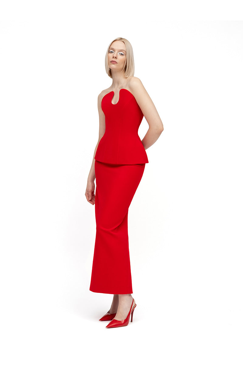 Red Shera corset and skirt midi dress by MOON / HAKAN YILDIRIM, featuring a fitted corset top and flowing skirt.