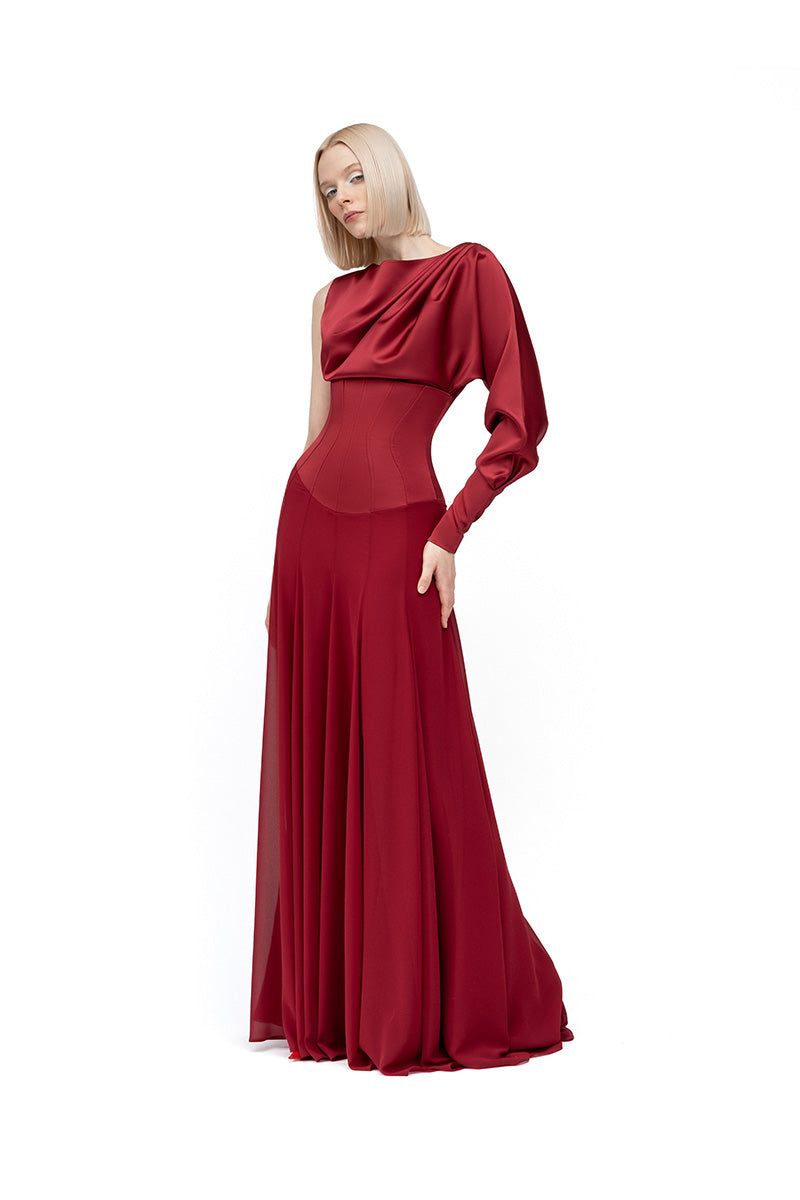 Moon Hakaan Yildirim Melisa Burgundy Maxi Dress featuring a flowing silhouette and elegant design, perfect for stylish occasions.