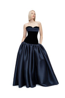 Elegant black and navy Marina gown by Moon Hakaan Yildirim, featuring flowing fabric and sophisticated design.