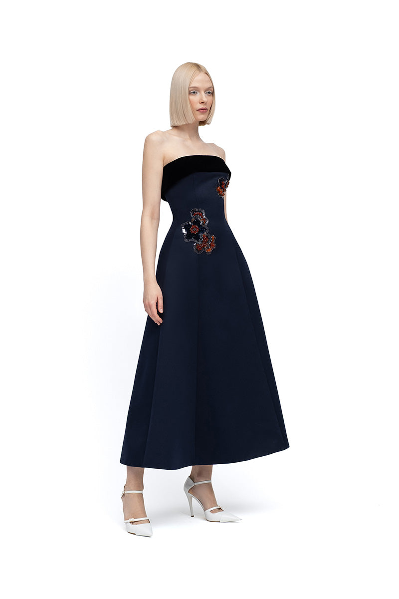 Menekse navy and black midi dress by MOON / HAKAN YILDIRIM, featuring a stylish, elegant design suitable for various occasions.