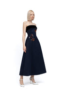 Moon Menekse gown in navy and black, elegant formal dress with intricate details, designed by Hakaan Yildirim.