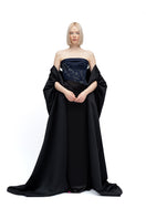 Black pea cape jacket by MOON / HAKAAN YILDIRIM, featuring a stylish, structured design with wide lapels and a smooth fabric finish.