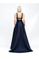 Navy MEFTUNE gown by MOON / HAKAAN YILDIRIM, showcasing elegant fabric and intricate design details on a model.