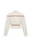 Labeca Colette linen tie shirt in ecru and red with a classic collar and button front, stylish top for casual or office wear.