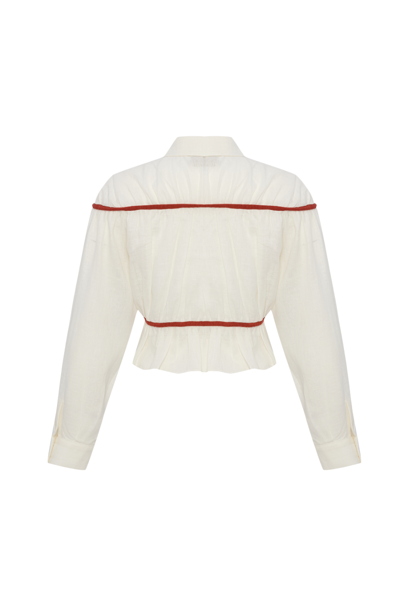 Labeca Colette linen tie shirt in ecru and red with a classic collar and button front, stylish top for casual or office wear.