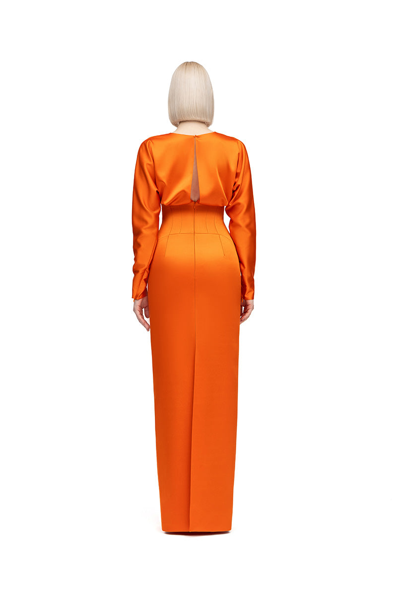Orange Esther maxi dress by Moon Hakaan Yildirim, flowing fabric with a stylish silhouette and detailed design.