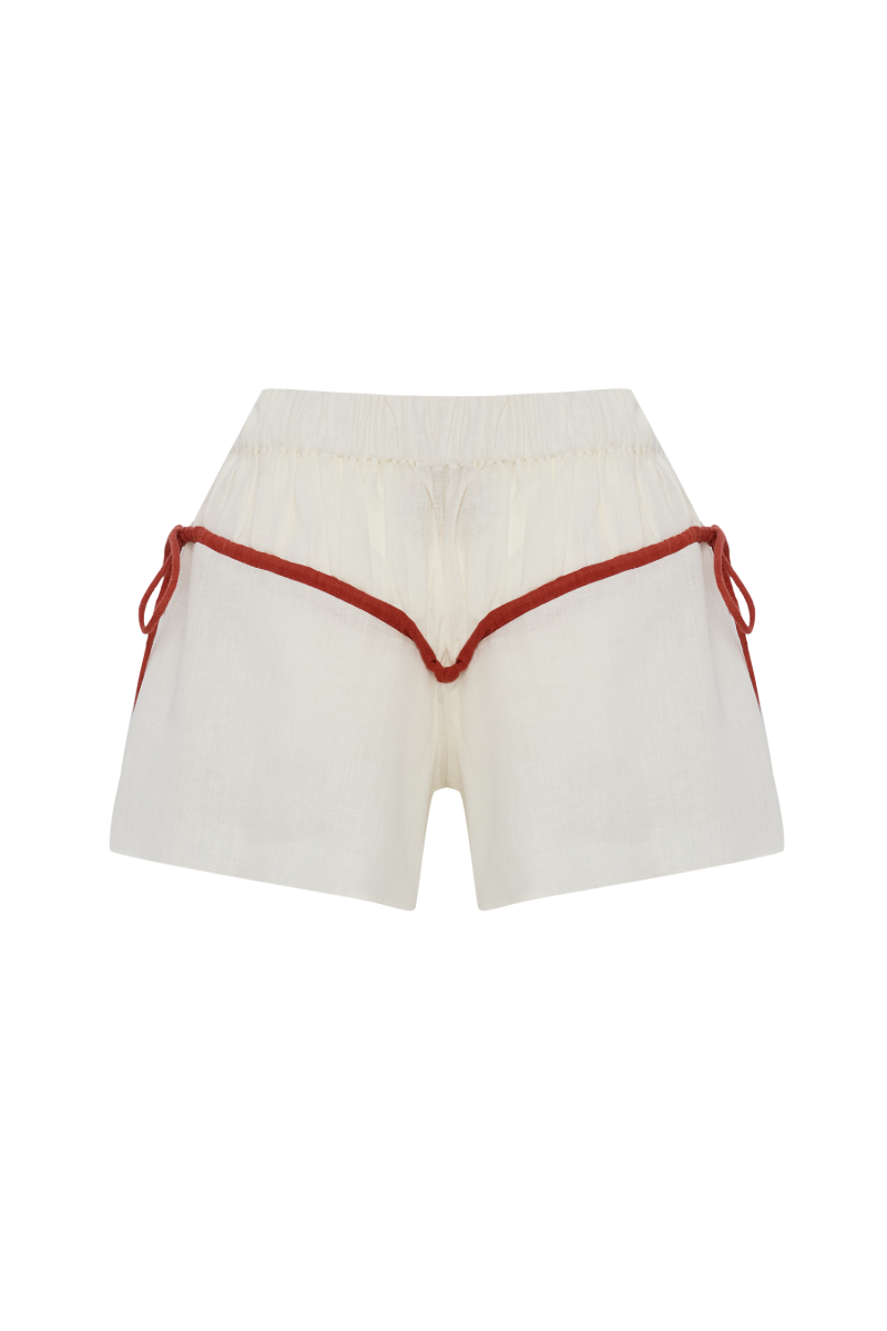 Labeca Colette ecru and red linen tie shorts, lightweight casual shorts with a relaxed fit and adjustable waist tie.
