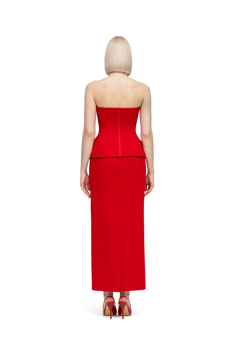 Red Shera corset and skirt midi dress by MOON / HAKAN YILDIRIM featuring a fitted corset top and matching flowing skirt.