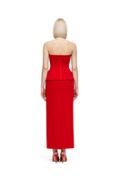 Red Shera corset and skirt gown by MOON / HAKAN YILDIRIM, featuring intricate design and elegant fabric details.