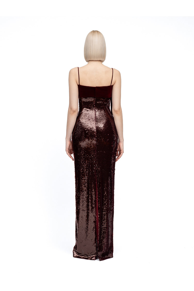 Elegant burgundy and wine maxi dress by MOON / HAKAN YILDIRIM featuring a flowing silhouette and stylish design.
