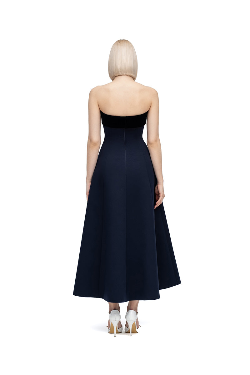 Menekse navy and black midi dress by MOON HAKAN YILDIRIM, featuring elegant design and flowing fabric.