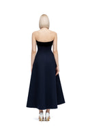 Menekse gown by Moon Hakaan Yildirim in navy and black, elegant dress with flowing fabric and stylish design.
