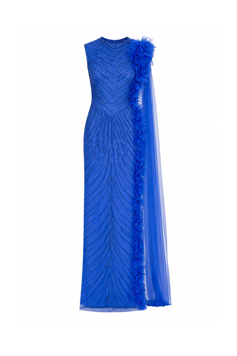 Raishma Camille cobalt gown featuring elegant fabric, fitted silhouette, and detailed design perfect for formal occasions.