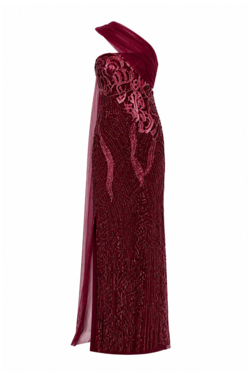 Elegant Natalia Plum gown by Raishma featuring flowing fabric and intricate detailing, perfect for formal occasions.