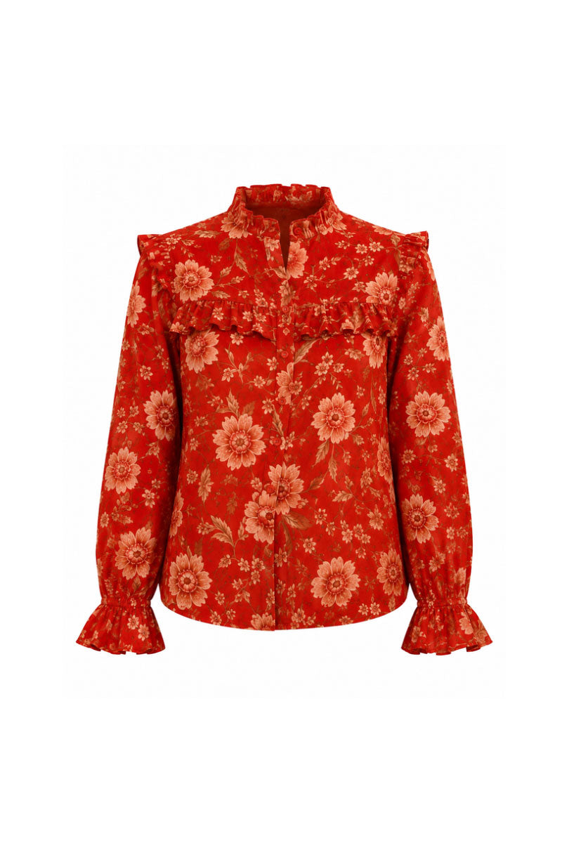 Red shirt from Raishma's ESME collection, featuring a stylish design, long sleeves, and a tailored fit for a fashionable look.