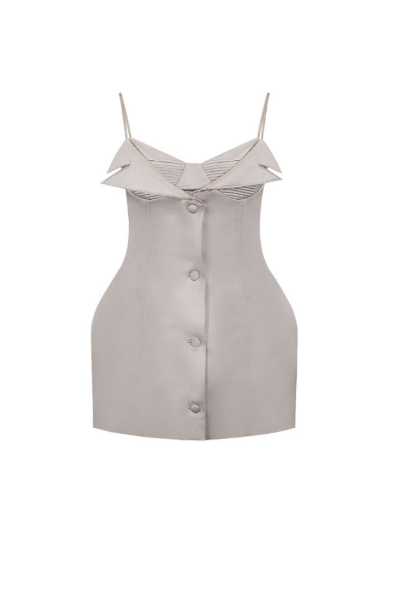 Gray structured hip dress by Santa Brands, stylish mini dress with fitted design and modern silhouette.