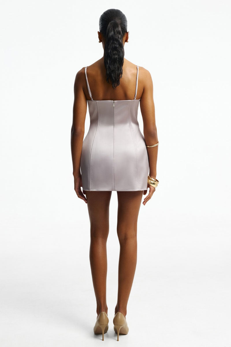 Gray structured hip dress by Santa Brands, mini length with tailored fit, showcased on a mannequin.