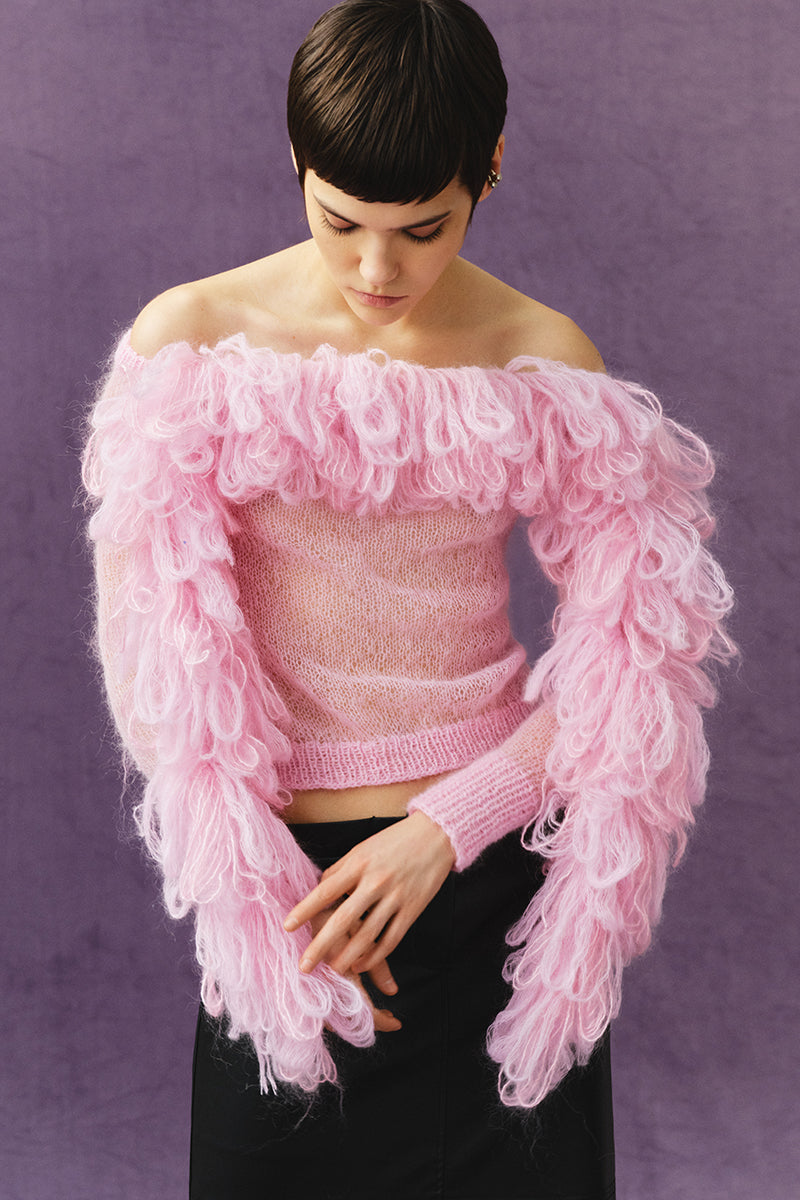 PINK KNITTED TOP WITH BOA - CULT MIA