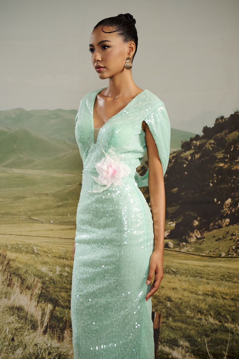 HACCHIC COUTURE Luna sequin cape-sleeve midi dress with shimmering sequins and elegant cape sleeves, perfect for special occasions.