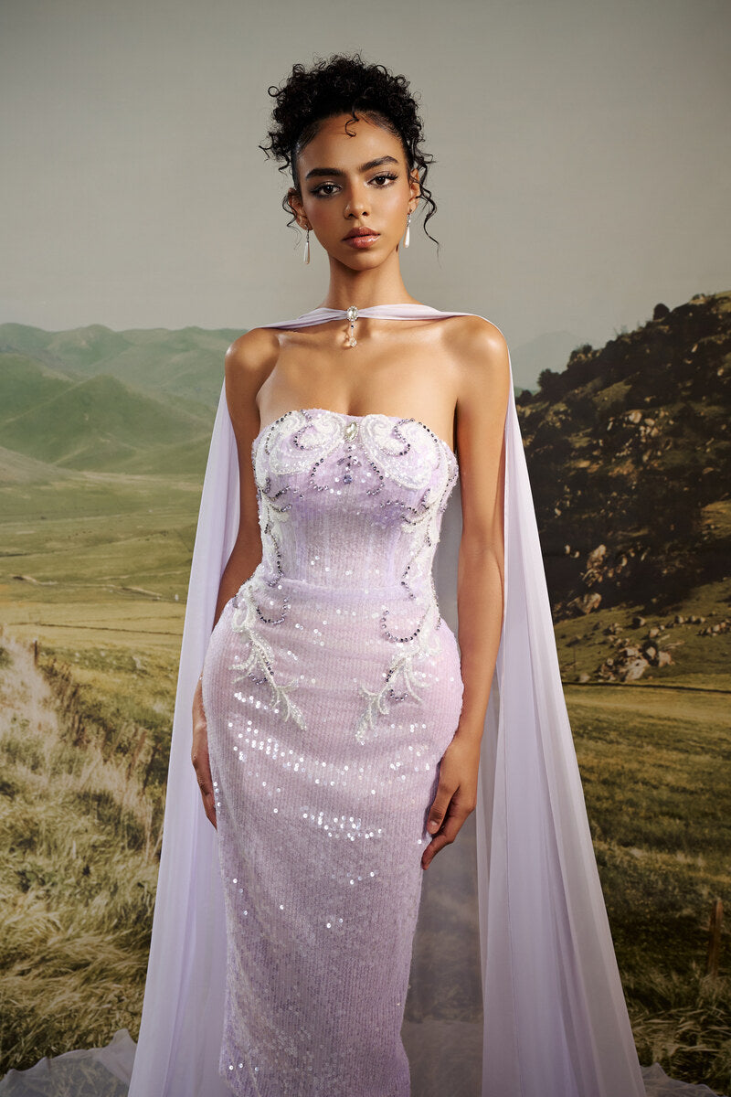 HacChic Couture Ophelia strapless sequin midi dress with matching cape, elegant formal evening wear, front view.
