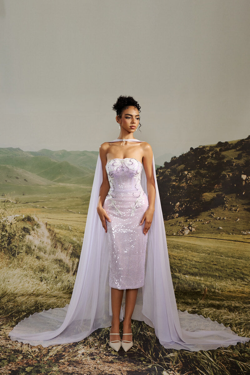 OPHELIA STRAPLESS SEQUIN GOWN WITH CAPE