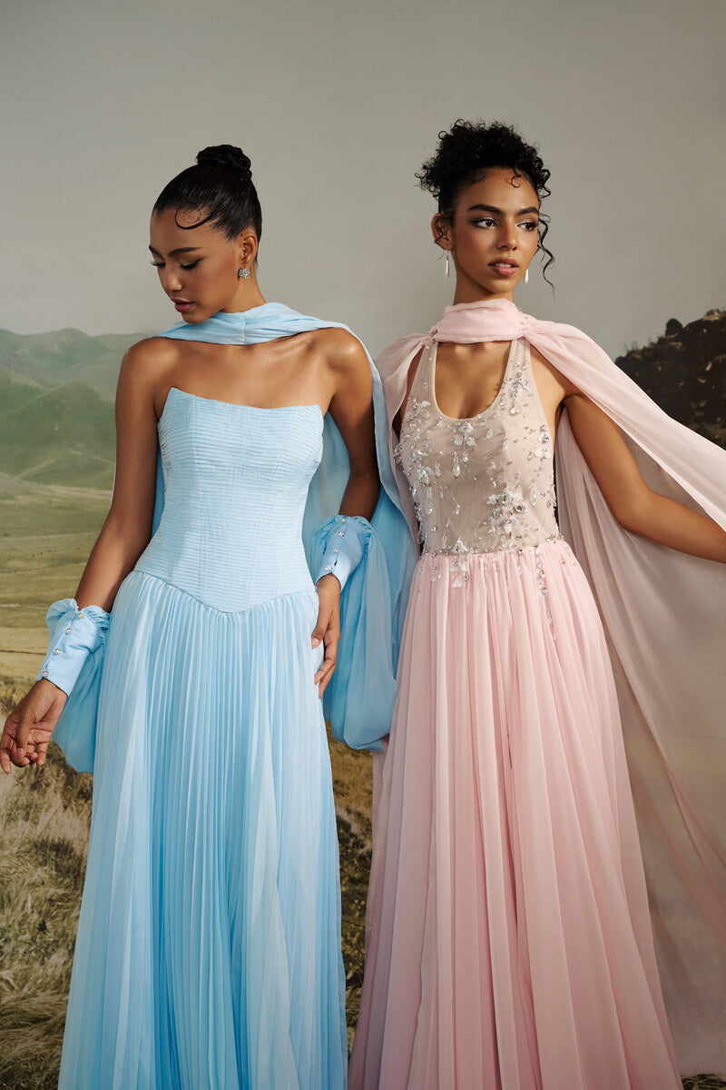 Hacchic Couture Aurelia pleated chiffon gown with matching cape, elegant floor-length dress for formal occasions.