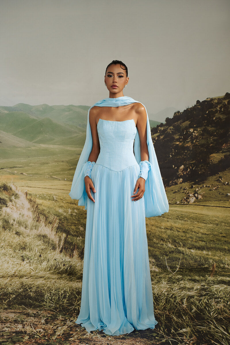 AURELIA PLEATED CHIFFON GOWN WITH CAPE