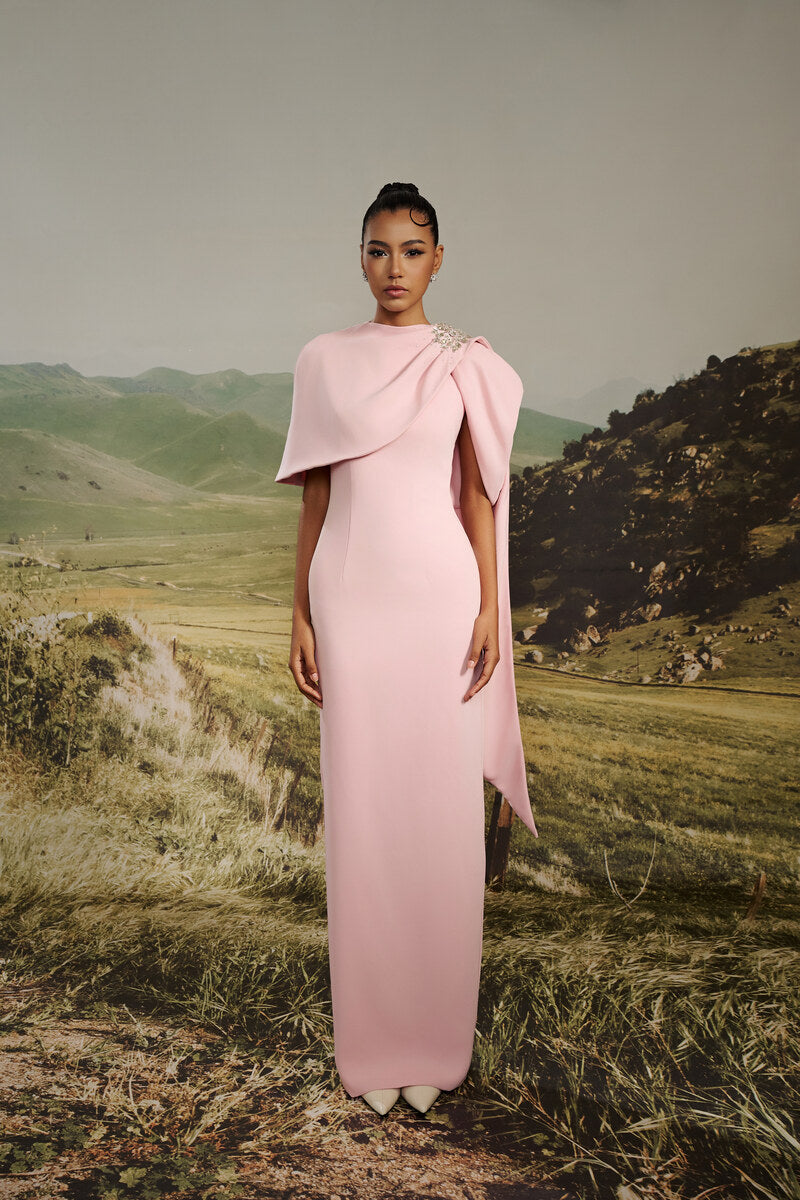 CAMILLE CAPE-SHOULDER GOWN