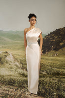HACCHIC COUTURE Selene one-shoulder satin gown in champagne, elegant evening dress with a sleek, flowing silhouette.