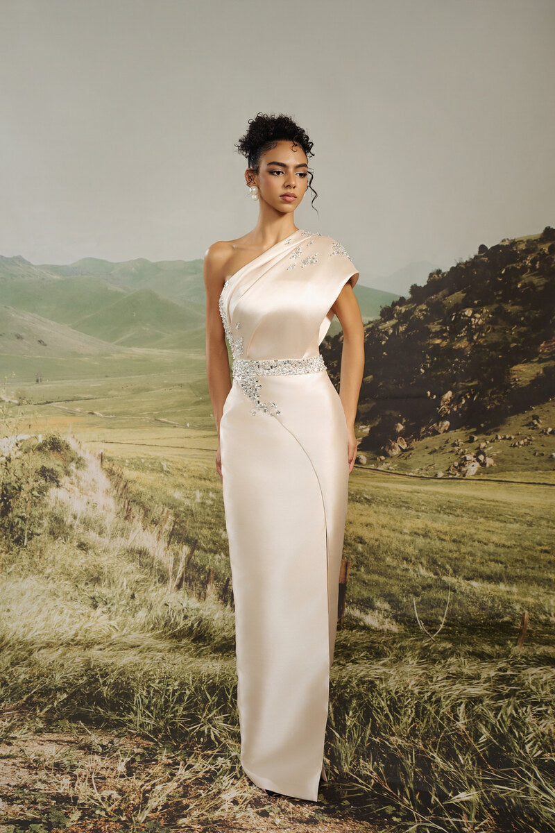 HACCHIC COUTURE Selene one-shoulder satin gown in champagne, elegant evening dress with a sleek, flowing silhouette.