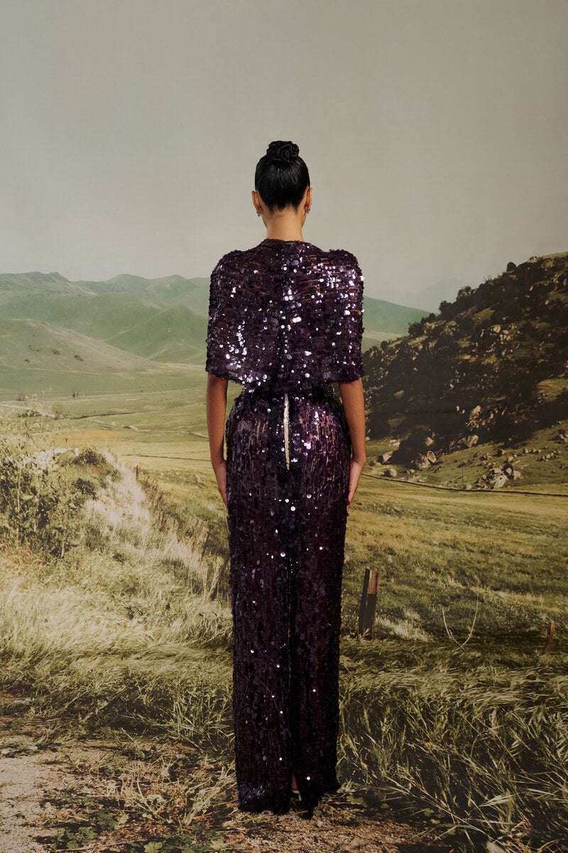 Hacchic Couture Vivienne sequined illusion gown featuring shimmering sequins and elegant design for formal occasions.