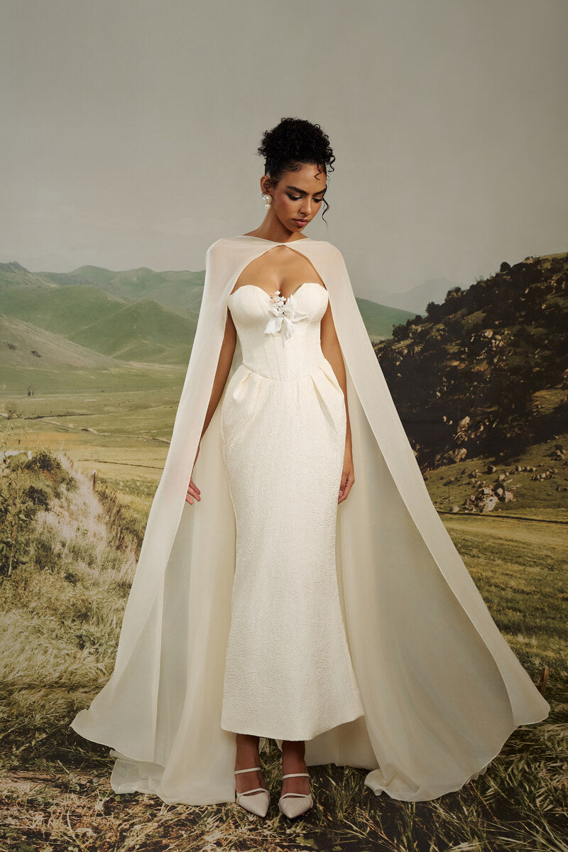 EVANGELINE STRAPLESS JACQUARD GOWN WITH CAPE
