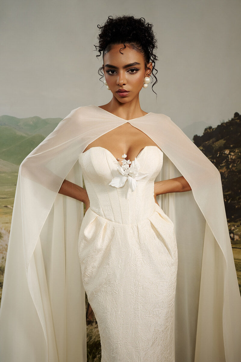 EVANGELINE STRAPLESS JACQUARD GOWN WITH CAPE | CULT MIA | HACCHIC COUTURE EVANGELINE STRAPLESS JACQUARD GOWN WITH CAPE | CULT MIA | HACCHIC COUTURE