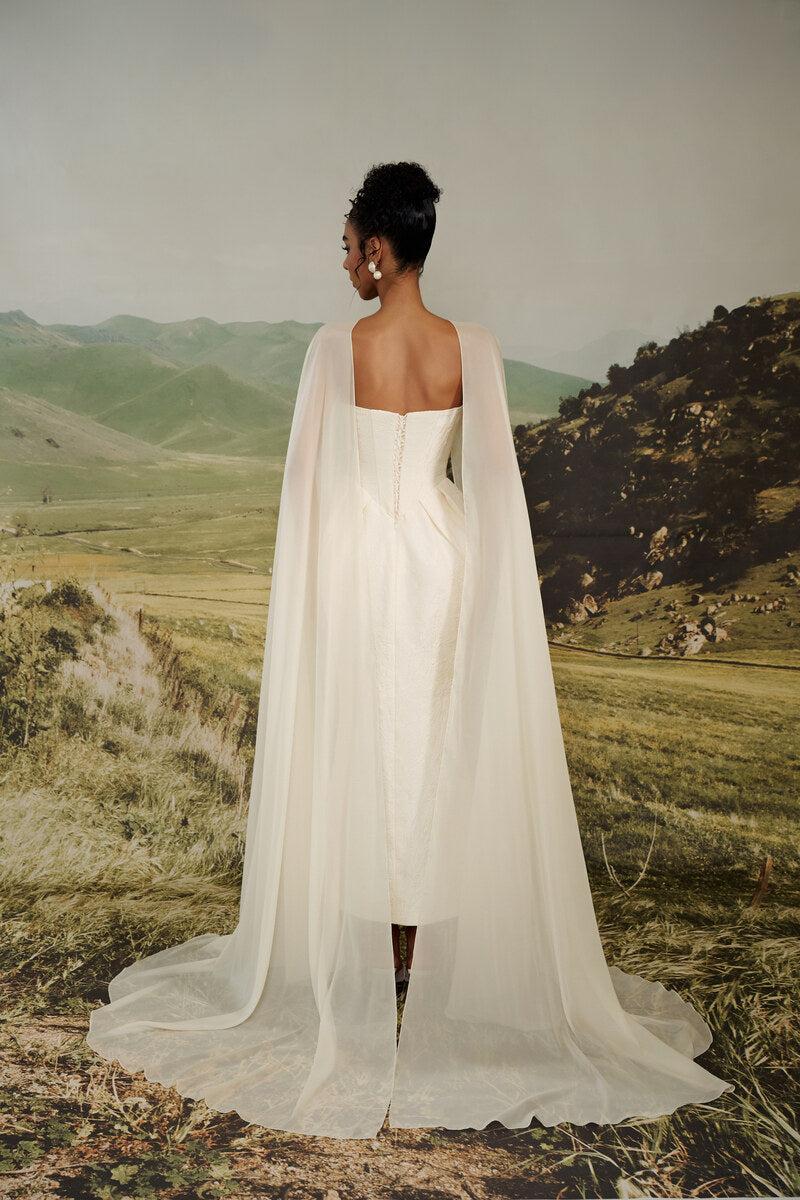 EVANGELINE STRAPLESS JACQUARD GOWN WITH CAPE | CULT MIA | HACCHIC COUTURE EVANGELINE STRAPLESS JACQUARD GOWN WITH CAPE | CULT MIA | HACCHIC COUTURE