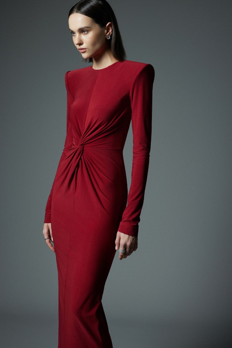 Red LEKIEU Valencia maxi dress featuring a flowing design and elegant fit, perfect for stylish occasions.