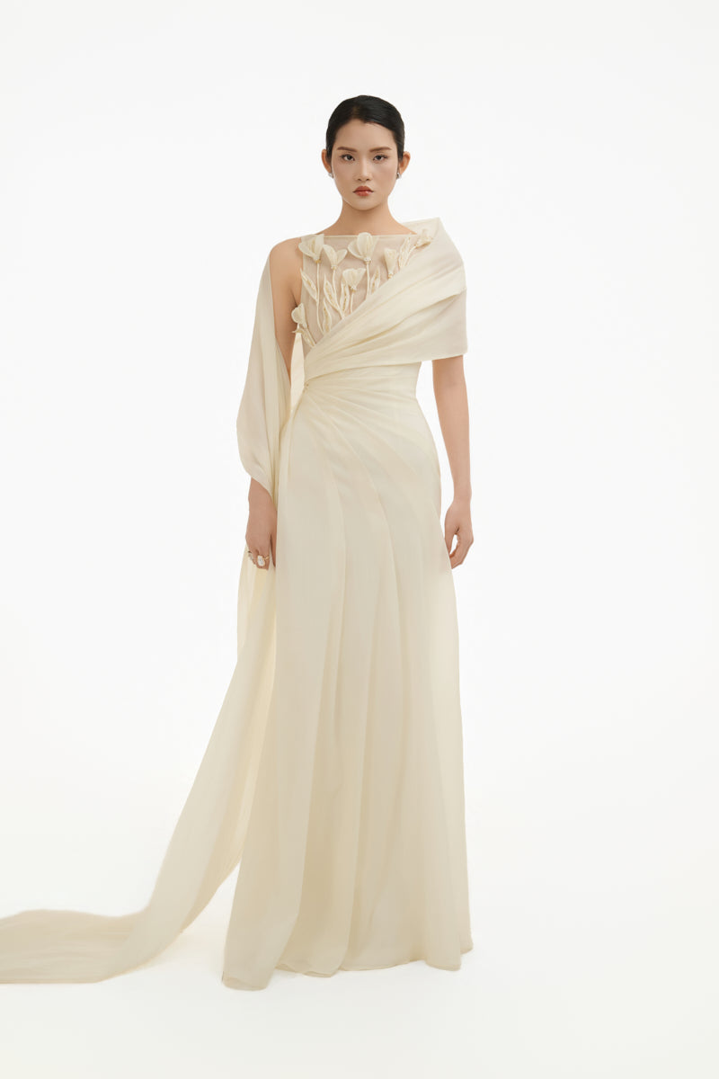 Ethereal Petal one-shoulder maxi gown by Happy Clothing featuring flowing fabric and elegant floral design.