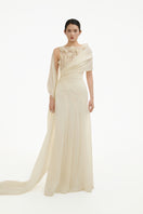 Ethereal Petal One-Shoulder Maxi Dress by Happy Clothing, flowing gown with floral petal details and elegant silhouette.