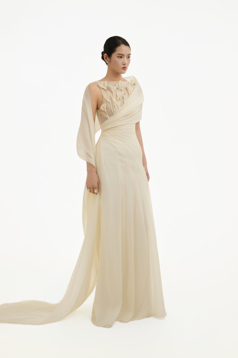 Ethereal Petal one-shoulder maxi gown by Happy Clothing, flowing fabric with floral details, elegant and stylish for special occasions.