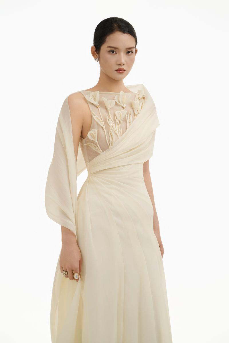 Elegant ethereal petal one-shoulder maxi gown by Happy Clothing, featuring flowing fabric and floral-inspired design.
