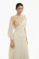 Ethereal Petal one-shoulder maxi gown by Happy Clothing, flowing chiffon fabric with floral petal design and elegant silhouette.
