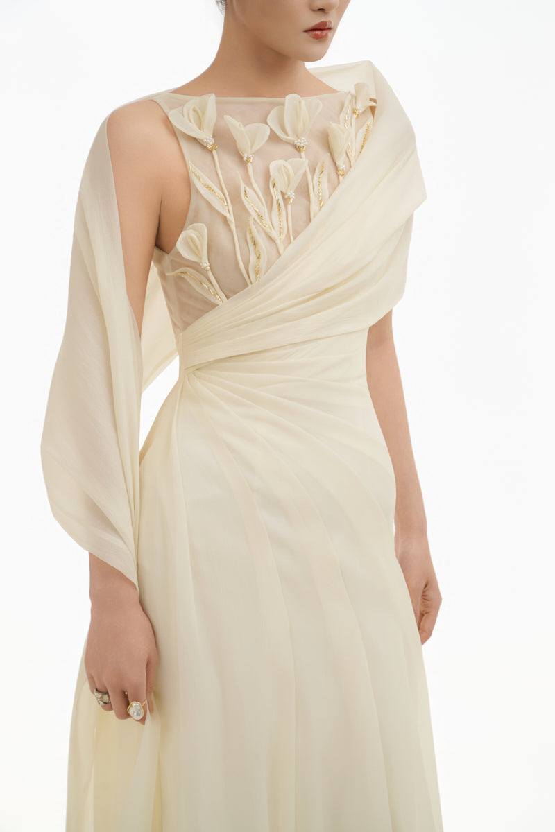 ETHEREAL PETAL ONE-SHOULDER MAXI DRESS